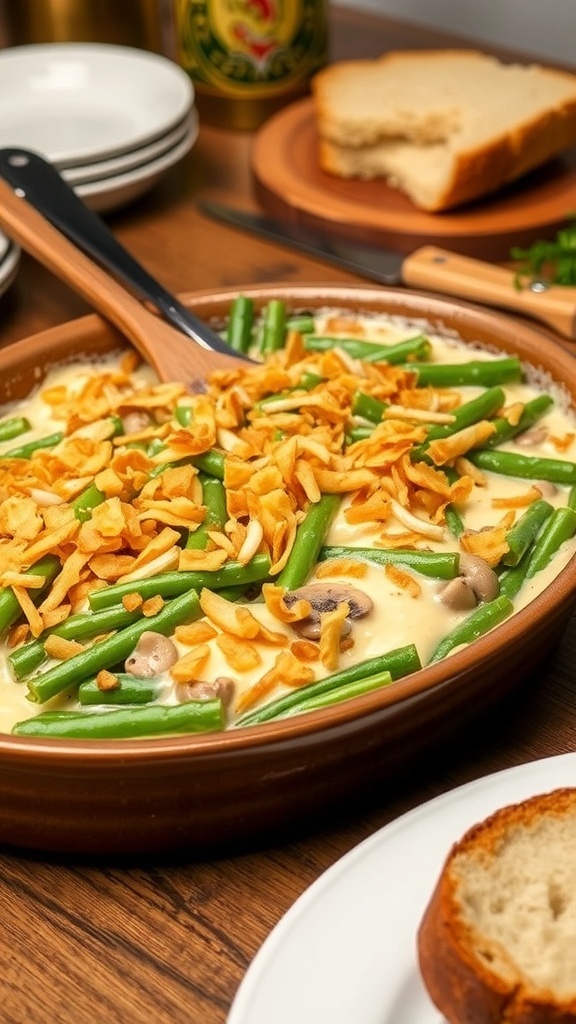 A delicious green bean casserole topped with fried onions in a rustic dish on a cozy dining table.